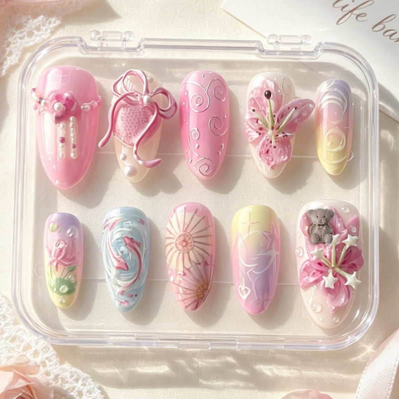 Artistic Press-On Nail Set with Floral and Graphic Designs Acalora
