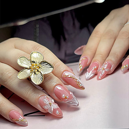 Premium Decorative Press-On Nail Set with Floral and Gem Accents Acalora