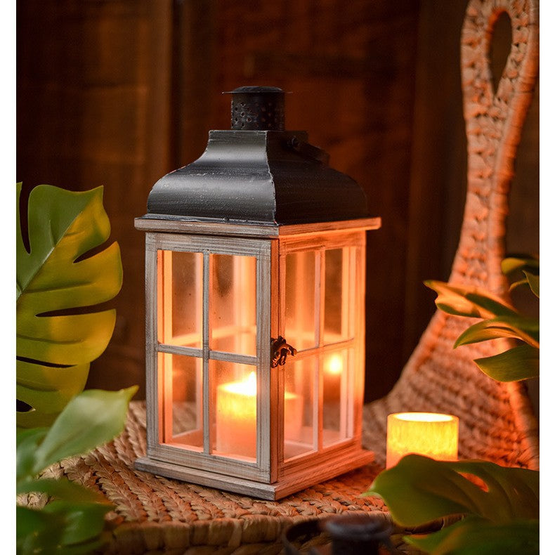 Rustic Wooden Glass-Paneled Lantern with Metal Roof and Latch Candle Holder Acalora