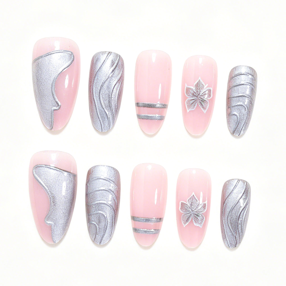 Elegant Metallic Floral Accent Press-On Nails Acalora