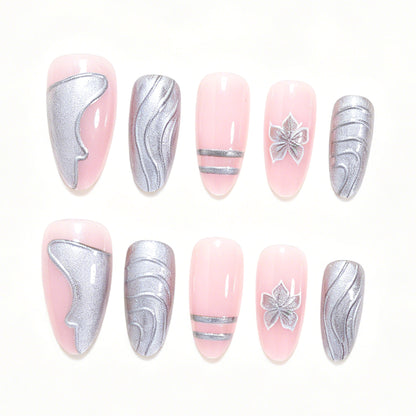 Elegant Metallic Floral Accent Press-On Nails Acalora