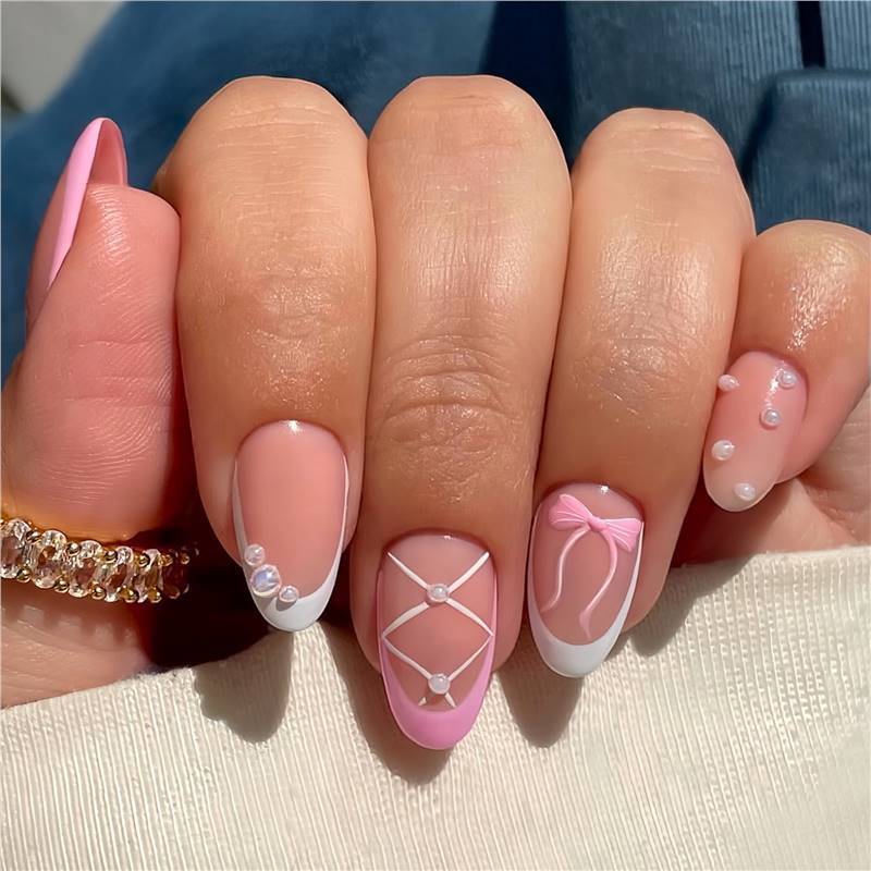 Elegant Decorative Press-On Nail Set with Bow and Pearl Accents Acalora