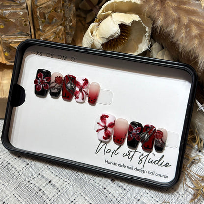 Artistic Nail Decoration Press-On Set with Unique Floral and Gemstone Designs Acalora