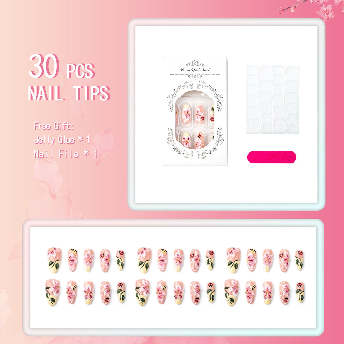 Artificial nail set with floral 3D applications and gloss finish Acalora