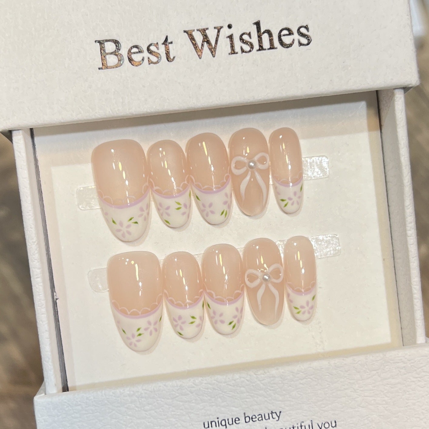Decorative Press-On Nail Set with Floral Bow Design Acalora