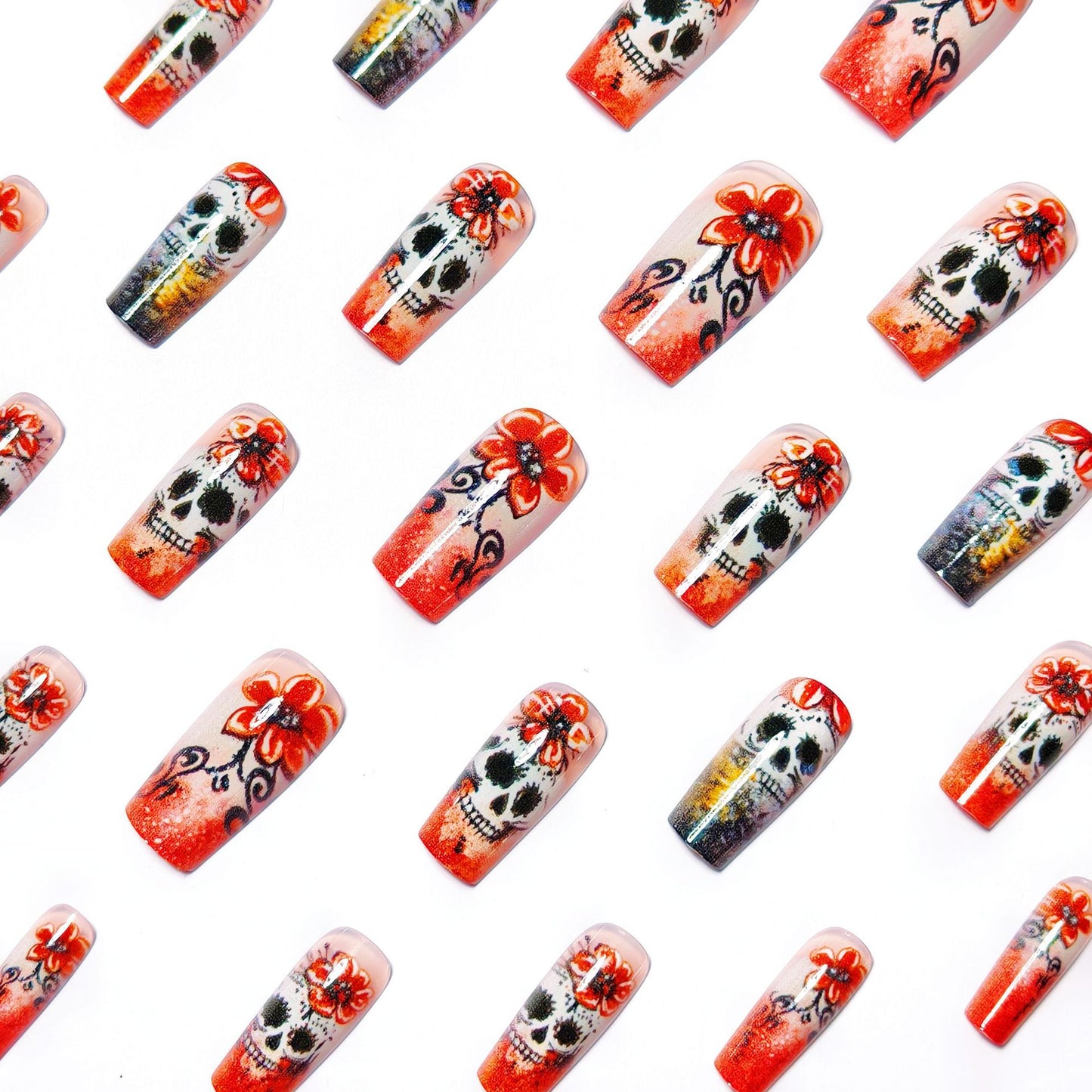 Artistic Skull and Flower Themed Nail Art Acalora