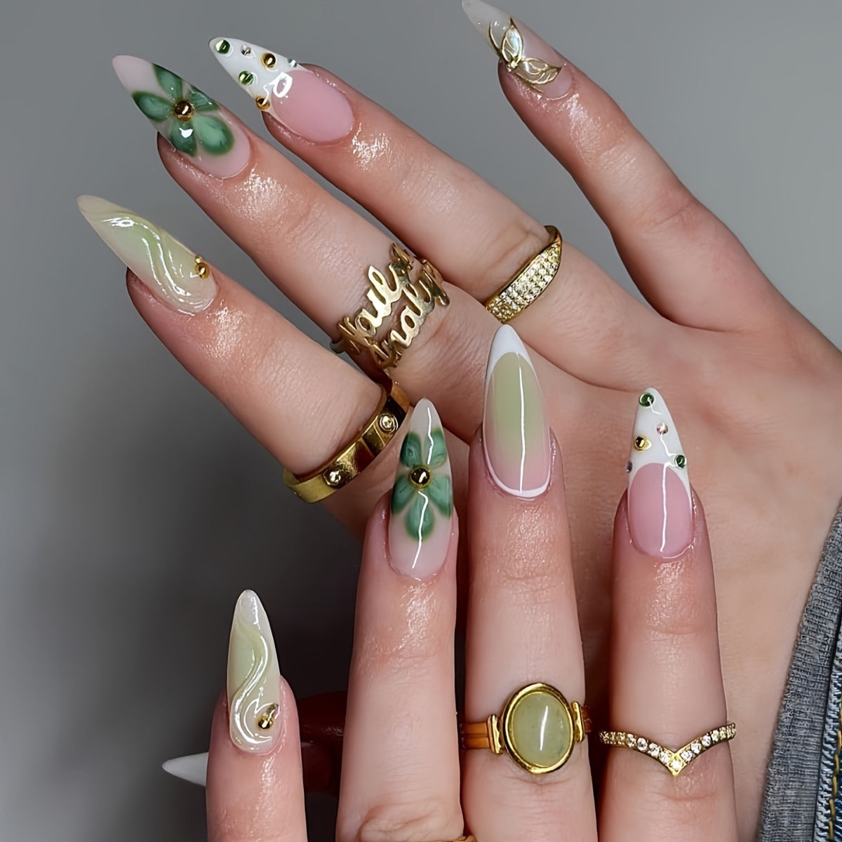 Artistic Press-On Nail Design with Floral Elements Acalora