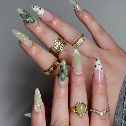 Artistic Press-On Nail Design with Floral Elements Acalora