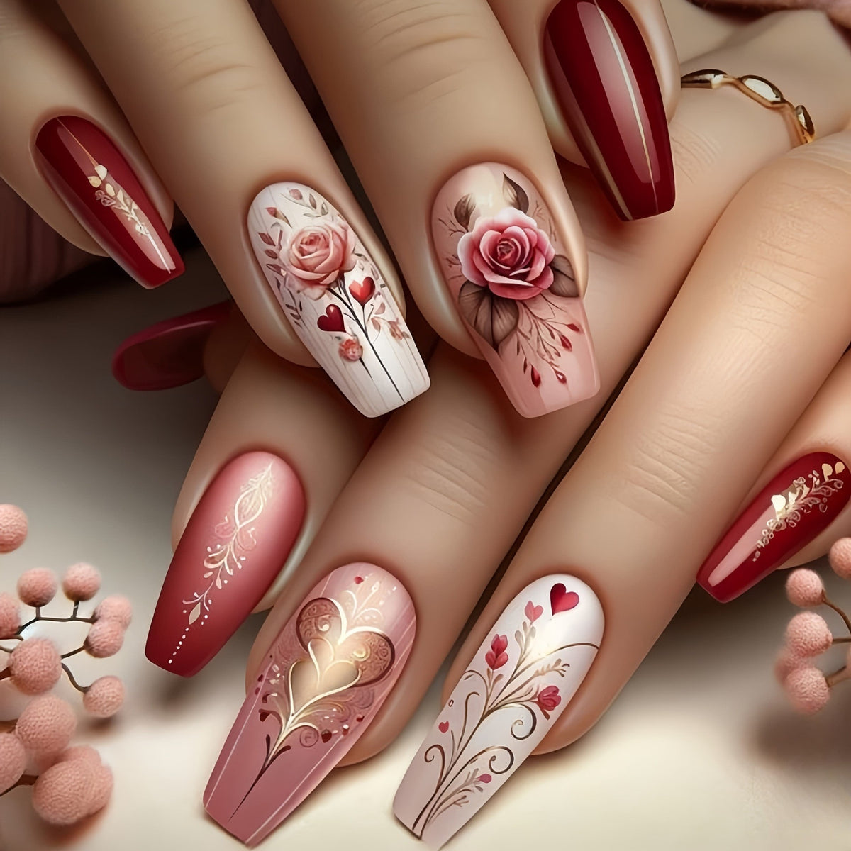 Artificial nails with romantic heart design and fine accents Acalora