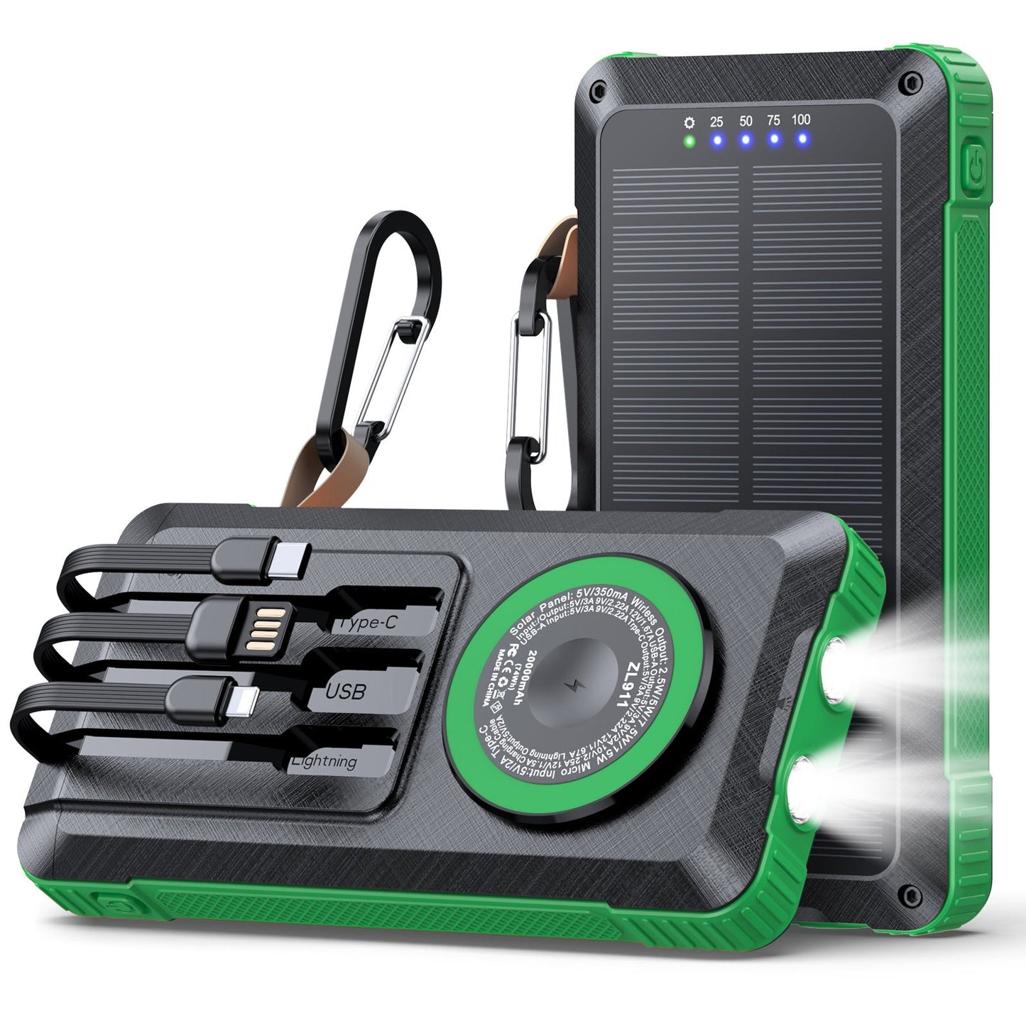 Solar Powerbank with Multifunctional LED Light and Integrated Charging Cable Bowlift