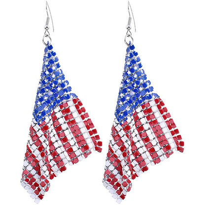 Women's long flexible rhinestone mesh earrings in American flag design with fishhook Kalsten