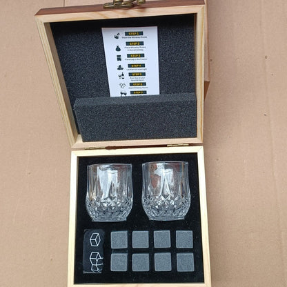 Cut crystal whiskey glasses gift set with reusable chilling stones and wooden presentation box Bowlift