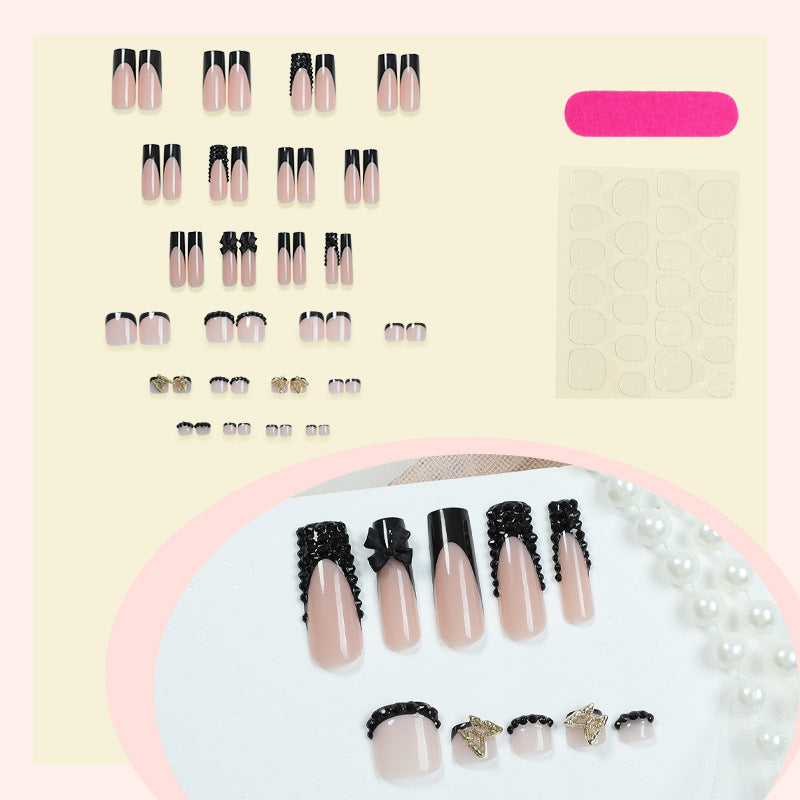 Elegant Press-On Nail Art Set with Decorative Bows and Crystal Accents Acalora