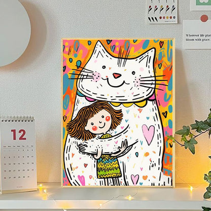 Playful Cat and Girl Illustration Canvas Art