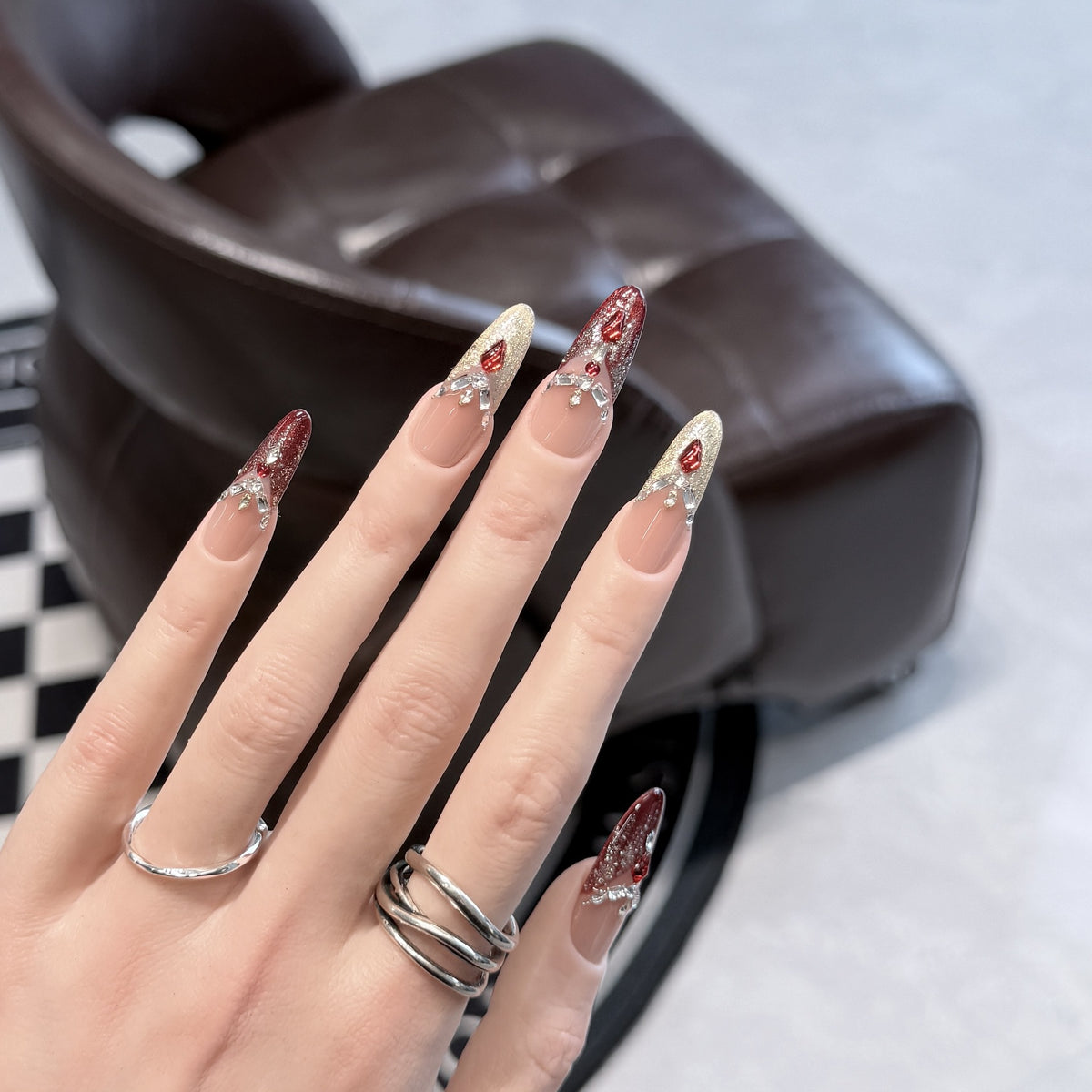 Decorative Stiletto Press-On Nail Set with Gemstone Accents Acalora