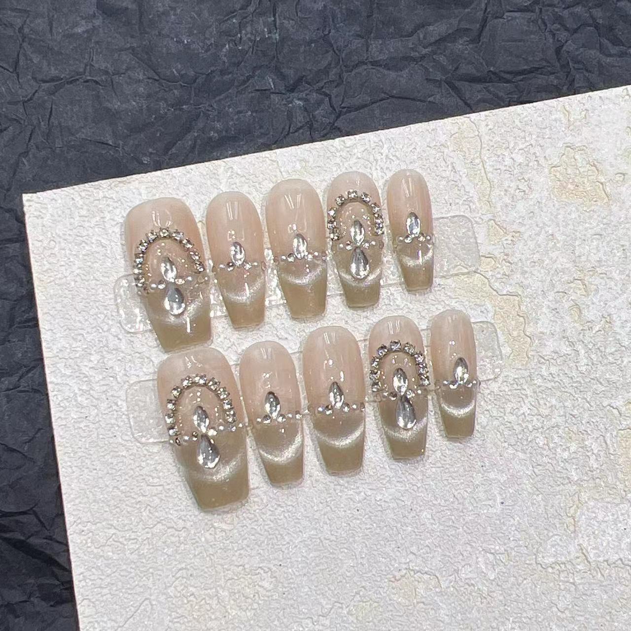 Elegant Press-On Nail Set with Rhinestone Detailing Acalora