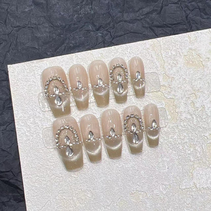 Elegant Press-On Nail Set with Rhinestone Detailing Acalora