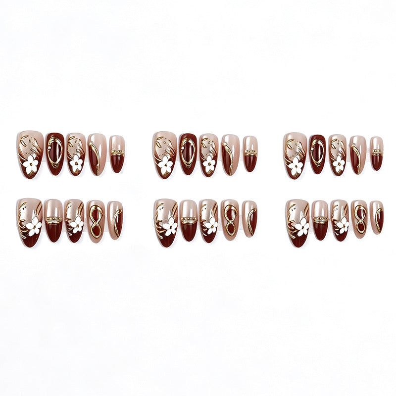 Artistic Press-On Nail Set with Floral and Metallic Accents Acalora