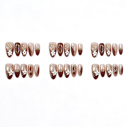 Artistic Press-On Nail Set with Floral and Metallic Accents Acalora