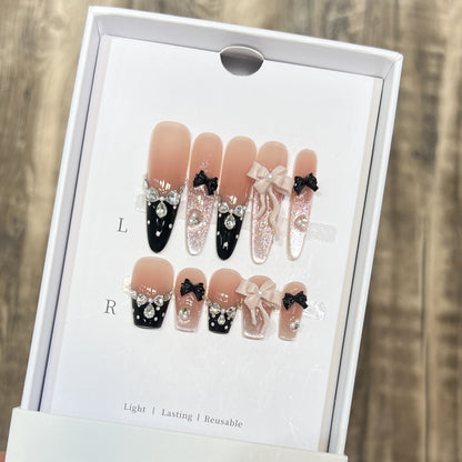 Glamorous Stiletto Press-On Nail Set with Decorative Bow and Gemstone Accents Acalora