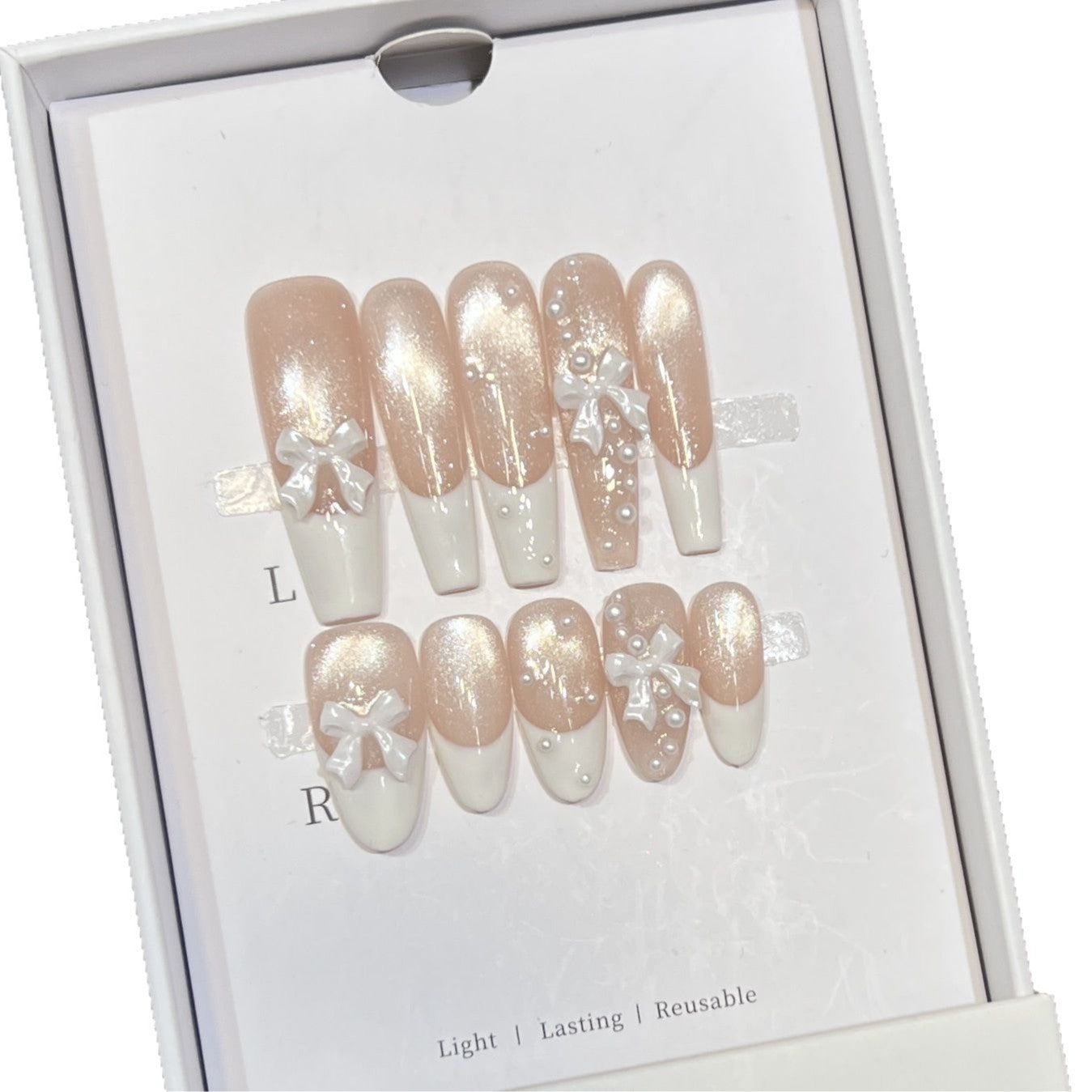 Decorative Long Press-On Nail Set with Bow and Pearl Accents Acalora