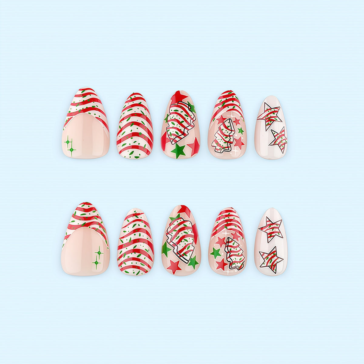 Artificial nails in festive Christmas design with colorful accents Acalora
