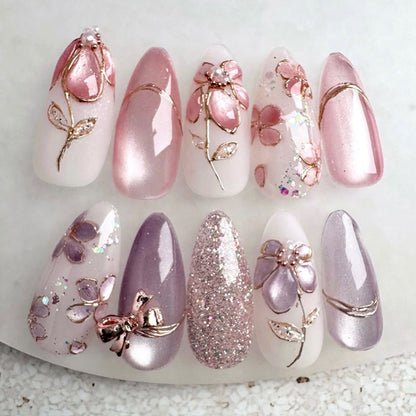 Decorative Floral-Embellished Press-On Nail Set Acalora