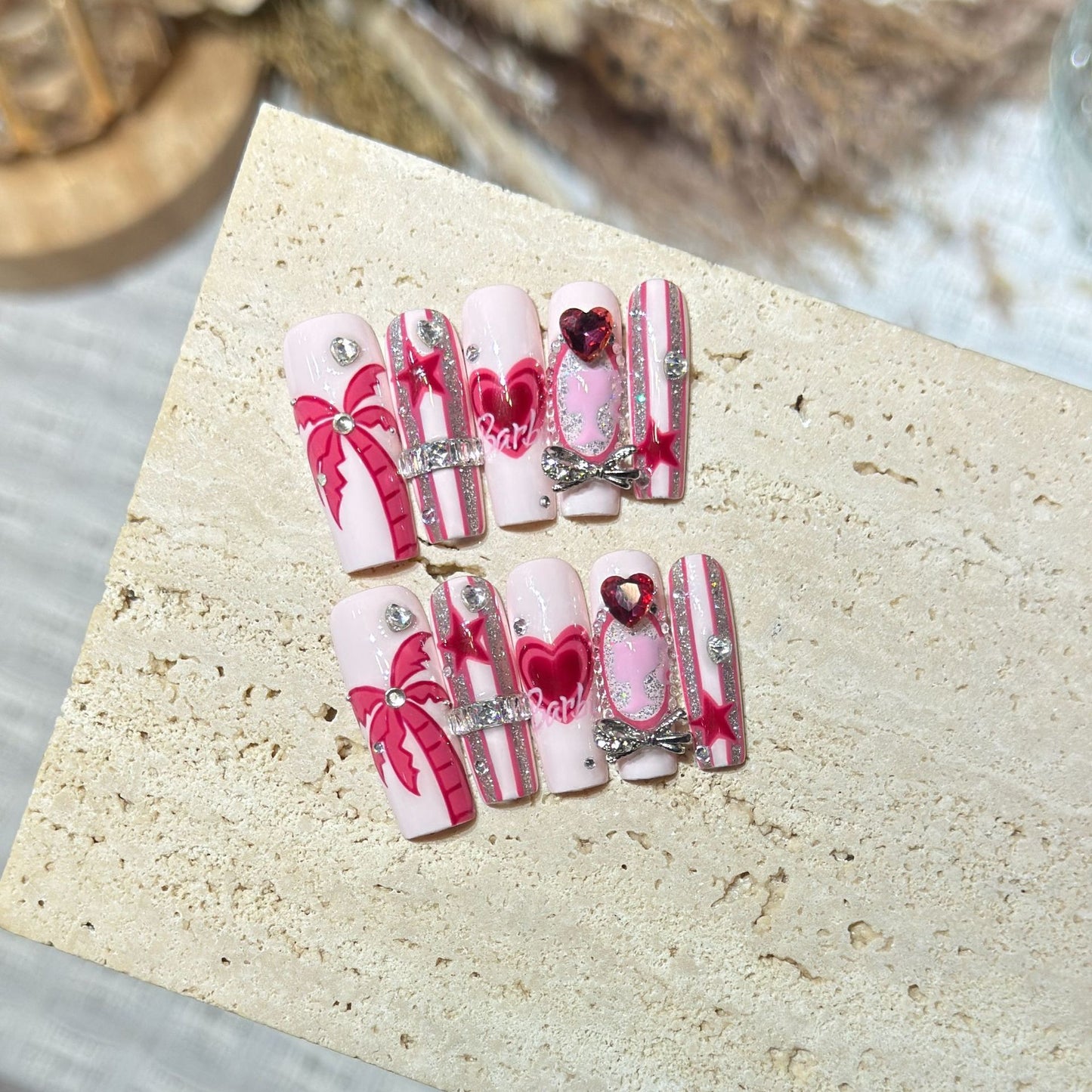 Artistic Press-On Nail Set with Playful Heart and Palm Designs Acalora