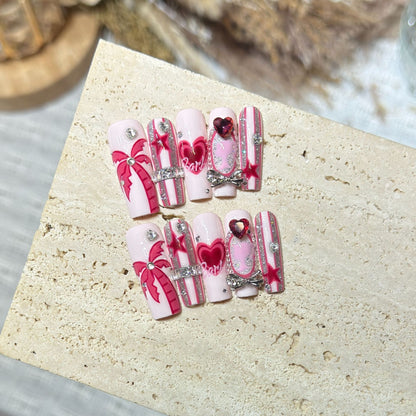 Artistic Press-On Nail Set with Playful Heart and Palm Designs Acalora