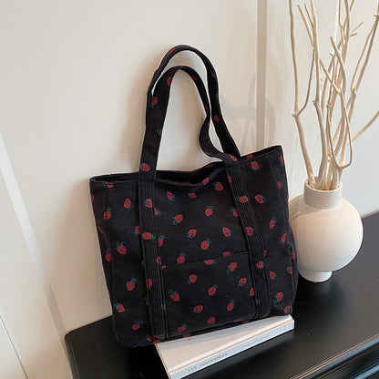 Playful Strawberry Print Corduroy Tote Bag Acalora