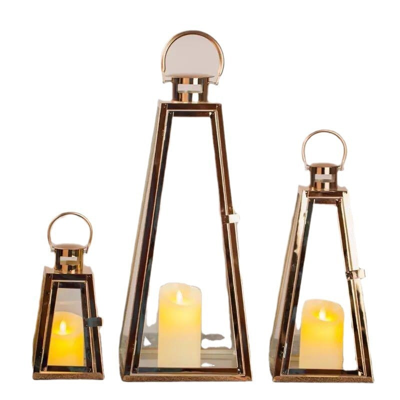 Modern Triangular Glass Candle Lantern Set with Gold Metal Frame Acalora