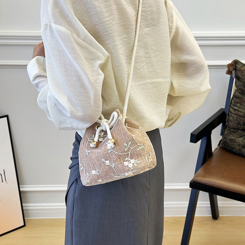 Embroidered Drawstring Bucket Bag Acalora