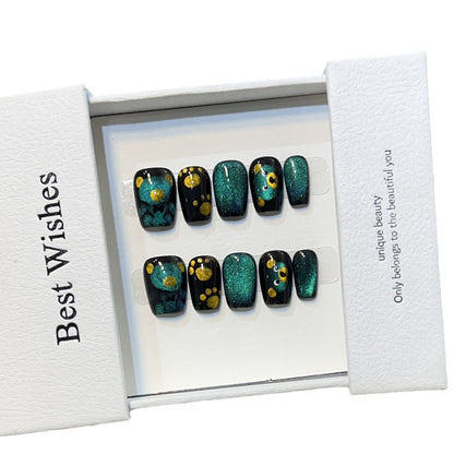 Artistic Press-On Nail Set with Playful Floral and Glitter Accents Acalora