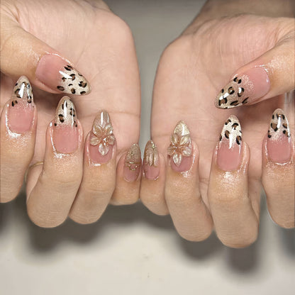 Stylish Floral and Leopard Print Press-On Nail Set Acalora