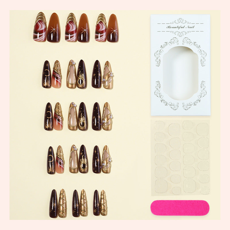 Decorative Press-On Nail Art Set with Glamorous Gold Accents Acalora