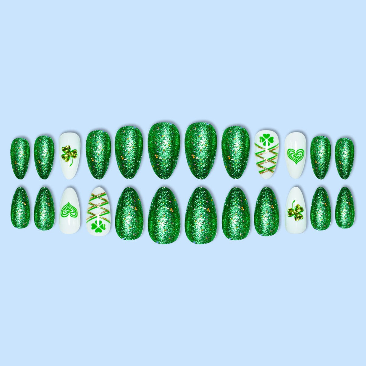 Glamorous Stiletto Press-On Nail Art with Glitter and Shamrock Design Acalora