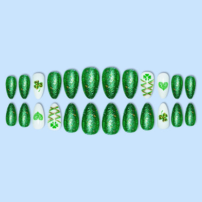 Glamorous Stiletto Press-On Nail Art with Glitter and Shamrock Design Acalora