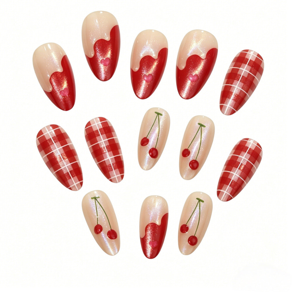 Artificial nails with romantic cherry and checkered pattern Acalora