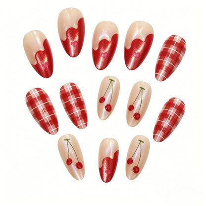 Artificial nails with romantic cherry and checkered pattern Acalora