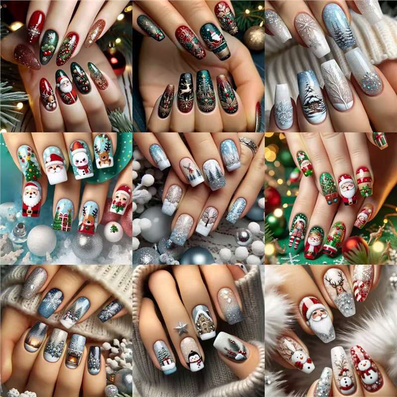Festive Holiday-Themed Press-On Nail Art Set Acalora