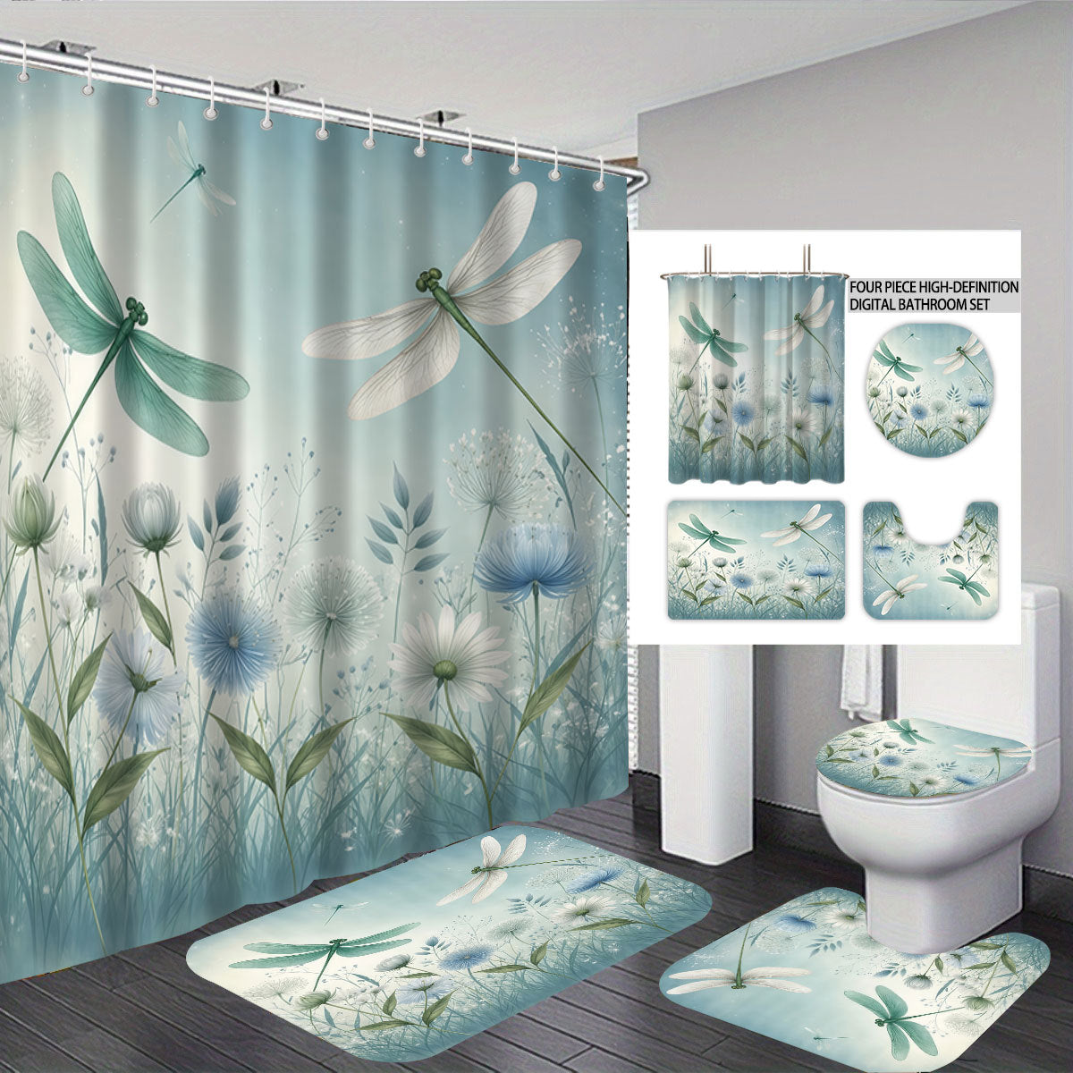 Artistic Dragonfly-Themed Four-Piece Digital Bathroom Set