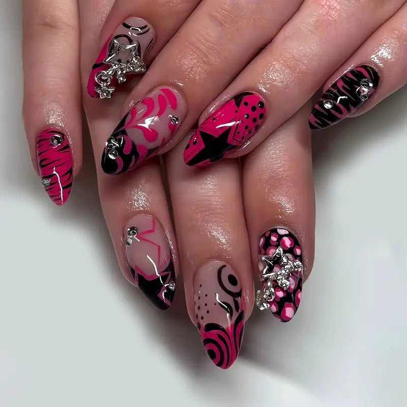 Decorative Stiletto Press-On Nail Art with Floral Accents Acalora