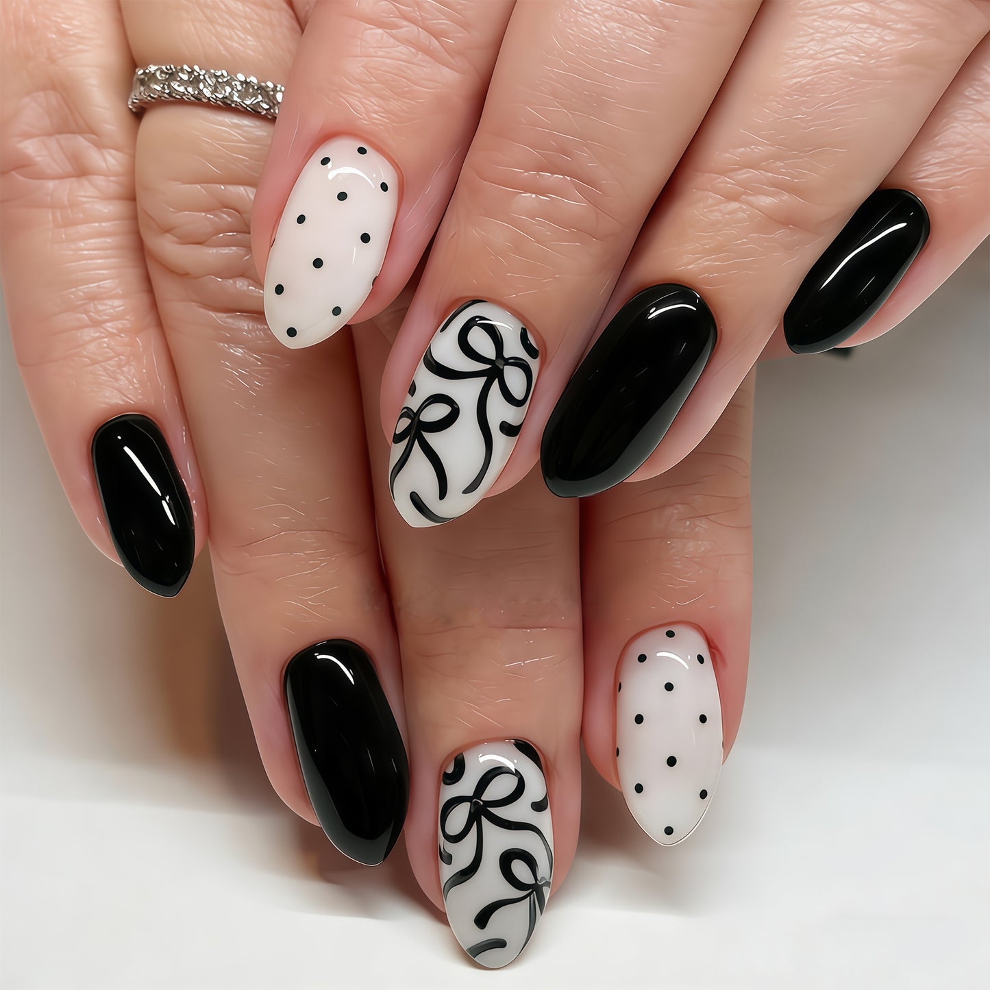 Artistic Press-On Nail Set with Bow Designs Acalora