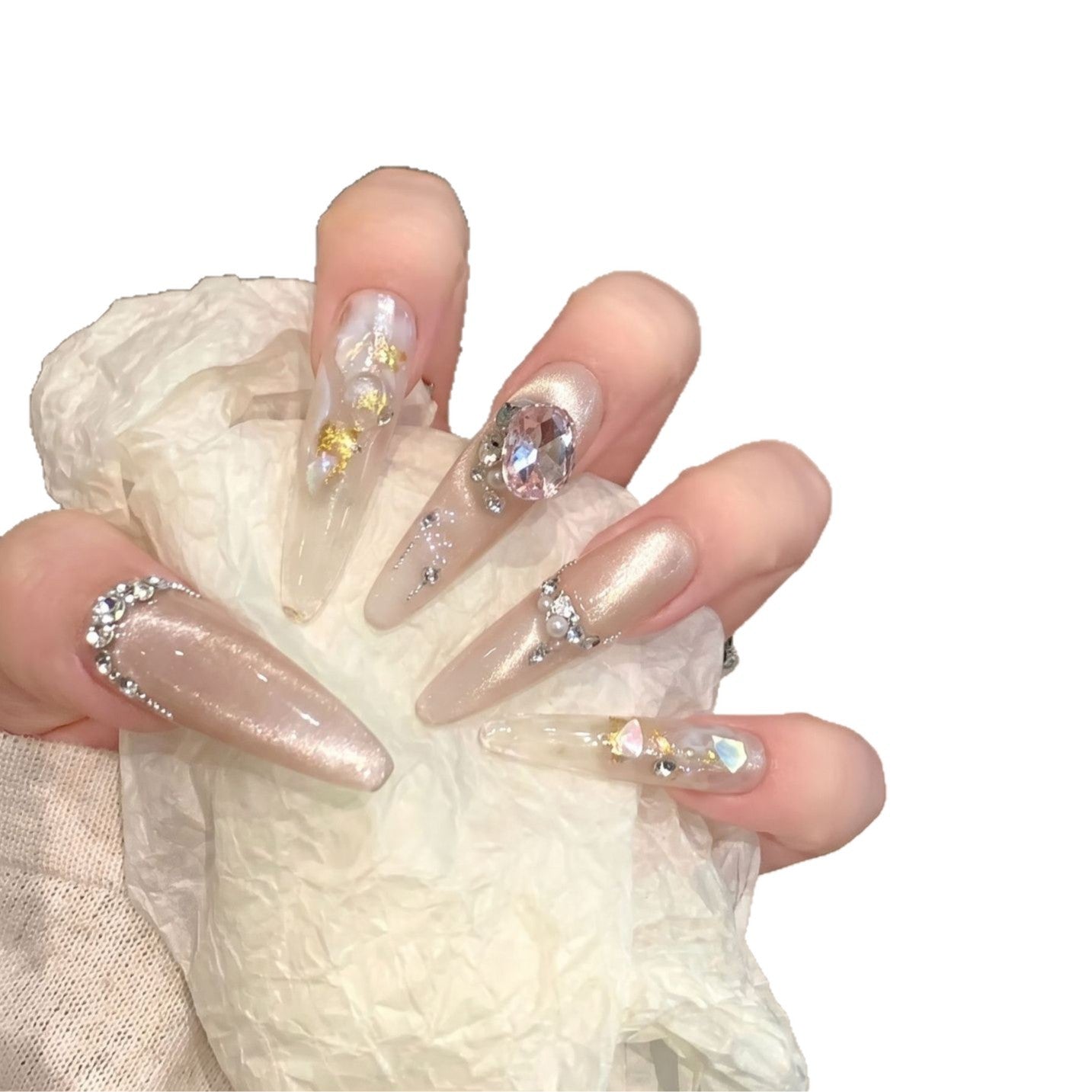 Decorative Stiletto Press-On Nail Art Set with Gemstone Accents Acalora