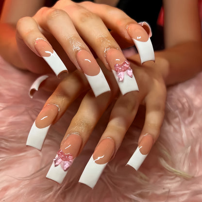 Elegant French Tip Press-On Nails with Bow Accents Acalora
