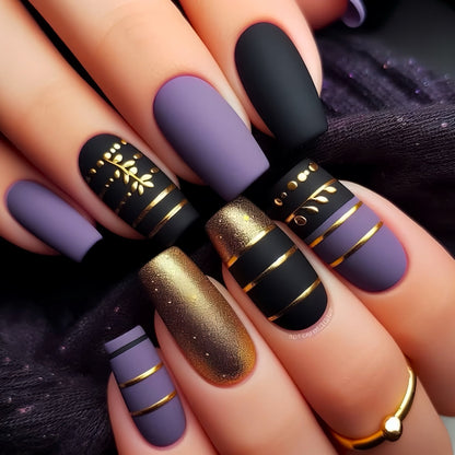 Trendy Press-On Nail Art with Decorative Gold Accents Acalora
