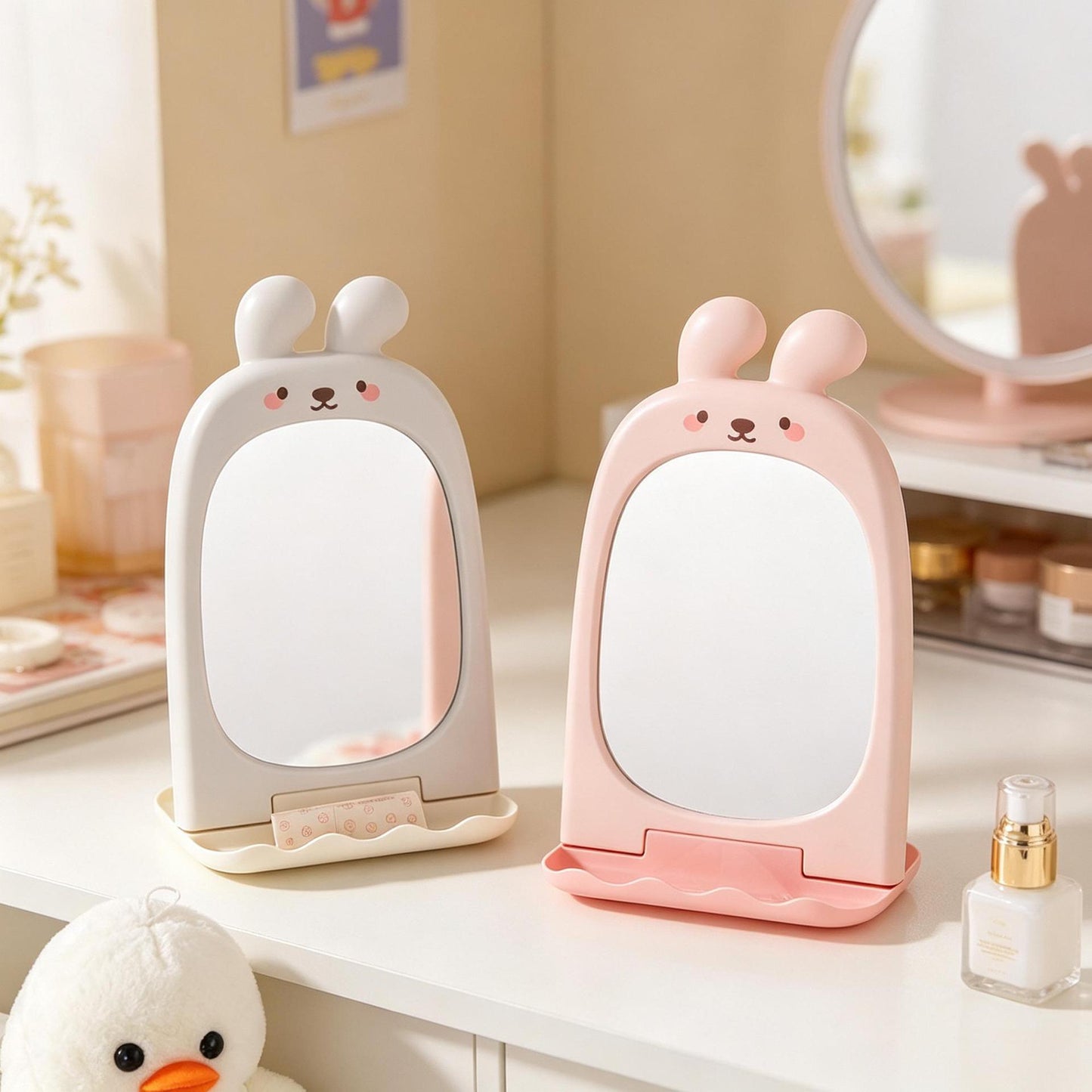 Whimsical Rabbit-Themed Handheld Mirror