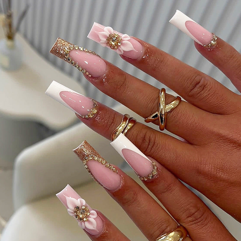 Premium Decorative Press-On Nail Set with Rhinestone and Floral Accents Acalora