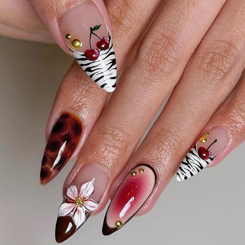 Artistic Press-On Nail Set with Floral and Pattern Designs Acalora