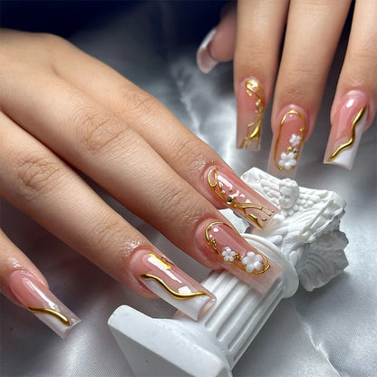 Artistic Press-On Nail Set with Gold Accents Acalora
